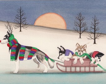 Miniature pinschers Lynch folk art print min pins wait for a wagon ride