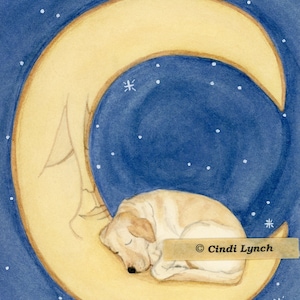 Gelber Labrador Retriever (Labrador) Retriever schlafend auf Mond / Lynch signierter Folklorekunstdruck
