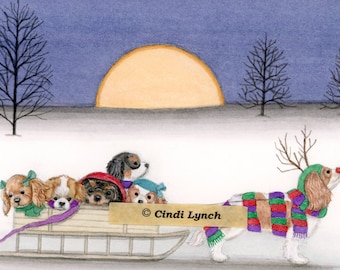 King Charles Cavalier Spaniel (KC) family takes holiday sled ride / Lynch signed folk art print