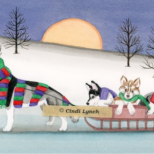 12 kerstkaarten: Siberische husky-familie maakt vakantiesledetocht / Lynch-volkskunst