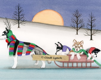 12 Christmas cards: Siberian husky family takes holiday sled ride / Lynch folk art