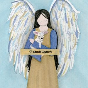 White  chihuahua cradled by angel / Lynch signed folk art print Pet Loss Memorial Remembrance Guardian Angel Gift