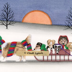 Cartes de Noël : famille Sheltie (chiens de berger des shetland) faisant une balade en traîneau / Art populaire de Lynch