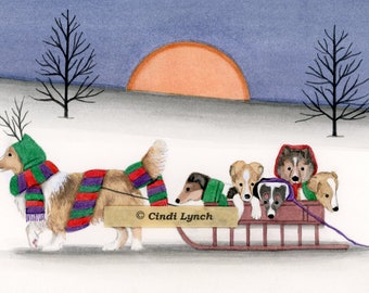 Christmas cards: Sheltie (shetland sheepdog) family going for sled ride / Lynch folk art