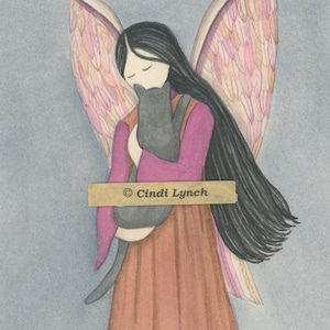May include: A watercolour painting of an angel with long black hair, wearing a pink and brown dress, holding a black cat in her arms. The angel has large, feathery wings and is looking down with her eyes closed. The painting is signed "Cindi Lynch" in the lower centre.
