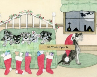 Christmas cards: Schnauzer family snug in bed on Xmas eve / Lynch folk art