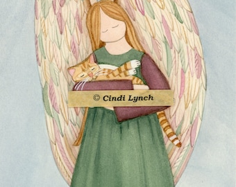 Tabby cat held by angel / Lynch signed print folk art