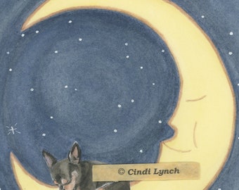 Black and tan chihuahua sleeping on moon / Lynch signed folk art print