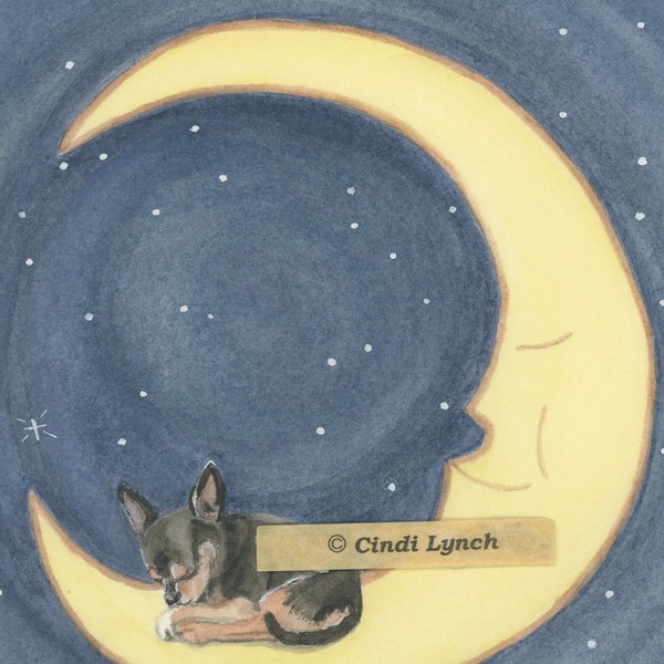 Zwart-bruine chihuahua slapend op maan / Lynch gesigneerde volkskunstprint