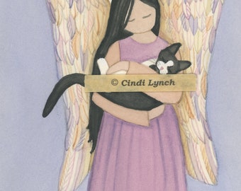 Black and white tuxedo (tux) cat angel / Lynch signed print folk art Pet Loss Memorial Remembrance Guardian Angel Gift
