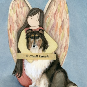 Tri-color rough collie cradled by angel / Lynch signed folk art print Pet Loss Memorial Remembrance Guardian Angel Gift