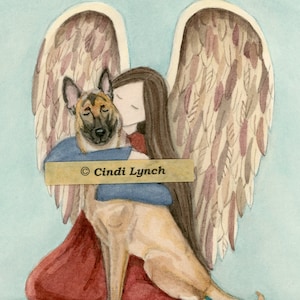 Belgian Malinois cradled by angel / Lynch signed folk art print Pet Loss Memorial Remembrance Guardian Angel Gift