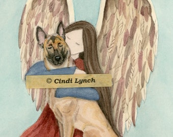 Belgian Malinois cradled by angel / Lynch signed folk art print