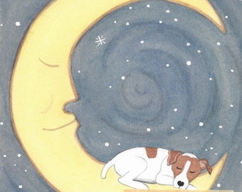 Jack Russell Terrier (JRT Parson) schlafend auf dem Mond / Lynch signierter Folk Art Print