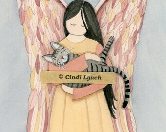 Gray tiger (tabby) cat with angel / Lynch signed folk art print Pet Loss Memorial Remembrance Guardian Angel Gift