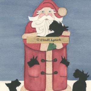 12 cartões de Natal: Papai Noel carregando uma carga completa de scotties (terriers escoceses) / Arte popular de Lynch