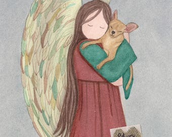 Chihuahua (tan / fawn) with angel / Lynch signed folk art print