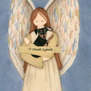 Miniature pinscher (min pin) with angel / Lynch signed folk art print Pet Loss Memorial Remembrance Guardian Angel Gift