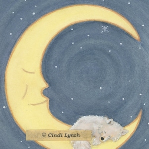 Samoyedo blanco durmiendo en la luna / Impresión de arte popular firmada por Lynch