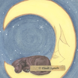 Peut inclure: Une peinture à l'aquarelle d'un chien brun dormant sur une lune croissante jaune sur un fond de ciel nocturne bleu étoilé. La peinture est signée "Cindi Lynch".