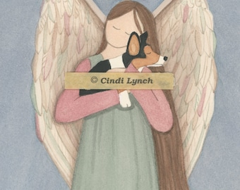 May include: A watercolor painting of an angel with wings holding a small black and white dog. The angel has long brown hair and is wearing a pink shirt and a green dress. The painting has a gold banner with the text "Cindi Lynch" on it.