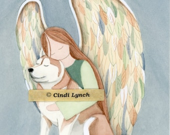 Copper red Siberian Husky with Angel / Lynch signed folk art print