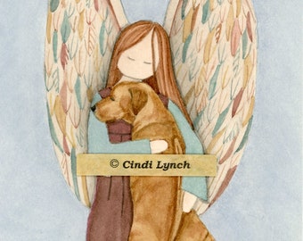 Rhodesian ridgeback with angel / Lynch signed folk art print Pet Loss Memorial Remembrance Guardian Angel Gift