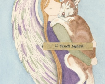 Red Siberian Husky cradled by angel (profile) / Lynch signed folk art print
