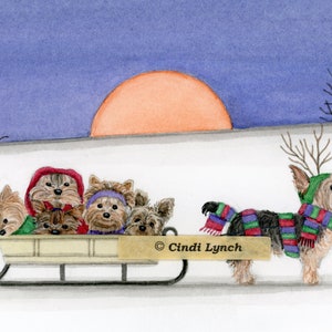 Christmas cards: Yorkshire terrier (yorkie) family goes for sled ride / Lynch folk art