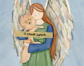 Pomeranian cradled by angel / Lynch signed folk art print
