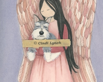 Miniature schnauzer (cropped ears) and angel / Lynch signed folk art print Pet Loss Memorial Remembrance Guardian Angel Gift