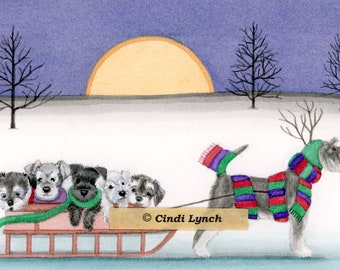 12 Christmas cards: Schnauzer family takes a sled ride / Lynch folk art