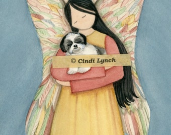 Black and white shih-tzu with angel / Lynch signed folk art print Pet Loss Memorial Remembrance Guardian Angel Gift