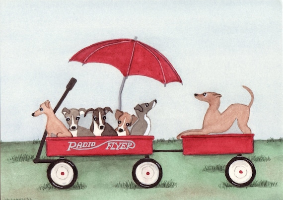 Miniature pinschers Lynch folk art print min pins wait for a wagon ride