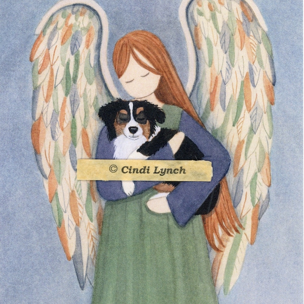 Australian shepherd (aussie) cradled by angel / Lynch signed folk art print