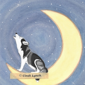 Siberian husky howling on the moon / Lynch signed folk art print