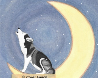 Siberian husky howling on the moon / Lynch signed folk art print