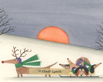 12 Christmas cards: Dachshund (doxie) family takes a sled ride / Lynch folk art