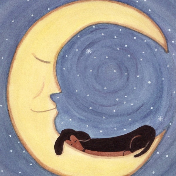 Black dachshund sleeping on the moon / Lynch signed folk art print Weiner/Wiener Doxie