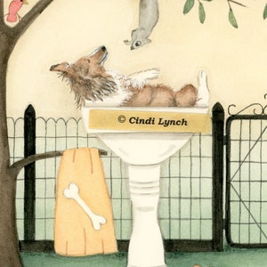 Collie lounges in birdbath  / Lynch signed folk art print