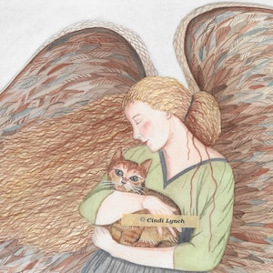 St. Gertrude watches over all cats / Lynch signed folk art print Pet Loss Memorial Remembrance Guardian Angel Gift