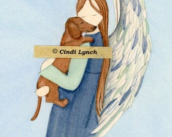 Brown shorthaired dachshund with Angel (profile) / Lynch signed folk art print (Weiner / Wiener Doxie) Pet Loss Memorial Remembrance Gift