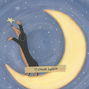 Black and tan dachshund (doxie) reaching for the stars / Lynch signed  folk art print weiner wiener dog