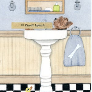 Yorkshire terrier (yorkie) bathing in a sink / Lynch signed folk art print