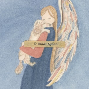 Cream colored (blonde) long-haired dachshund with angel / Lynch signed folk art print Weiner Doxie Dog Pet Loss Memorial Remembrance