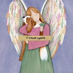 King Charles Cavalier spaniel with angel / Lynch signed folk art print Pet Loss Memorial Remembrance Guardian Angel Gift