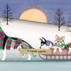 12 Christmas cards: Malamute family takes holiday sled ride / Lynch folk art