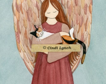 Calico cat cradled by angel / Lynch signed folk art print Pet Loss Memorial Remembrance Guardian Angel Gift