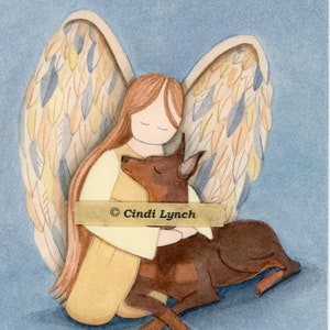 Red doberman pinscher and angel / Lynch signed folk art print Pet Loss Memorial Remembrance Guardian Angel Gift
