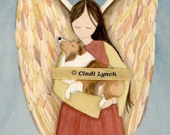 LARGER Shetland sheepdog (sheltie) in angel's arms / Lynch signed folk art print